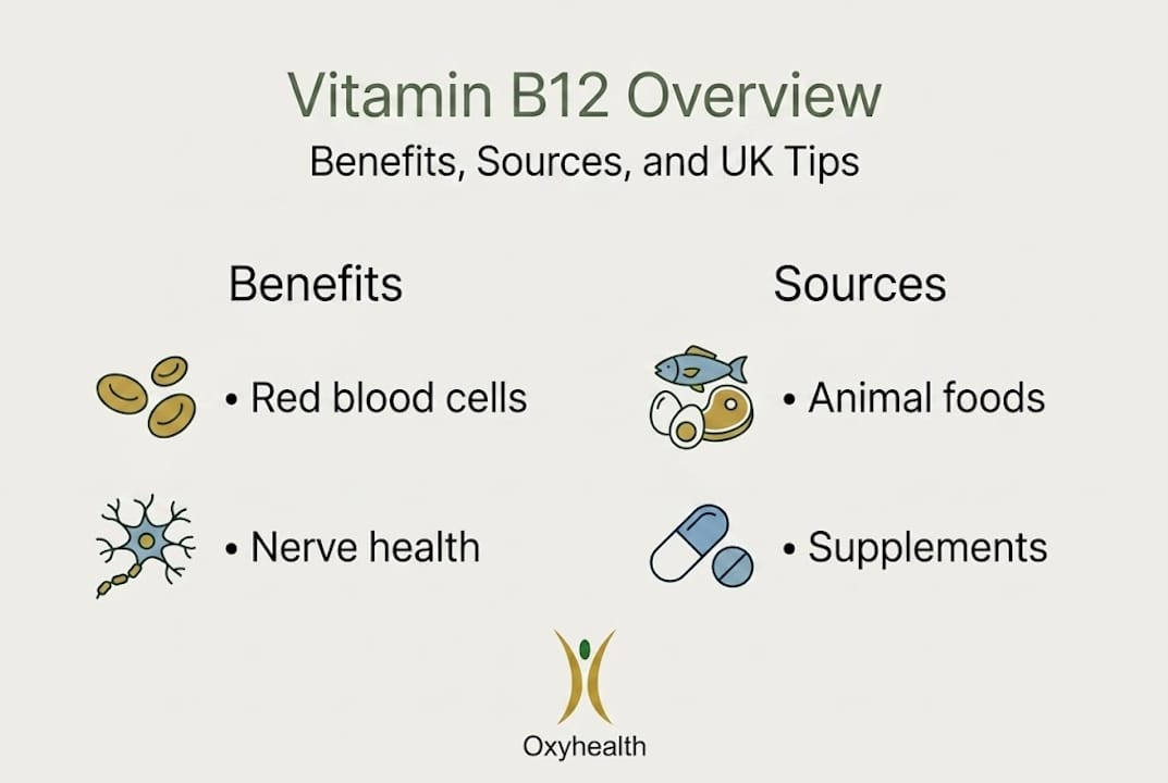 Vitamin B12 essentials infographic with benefits and sources