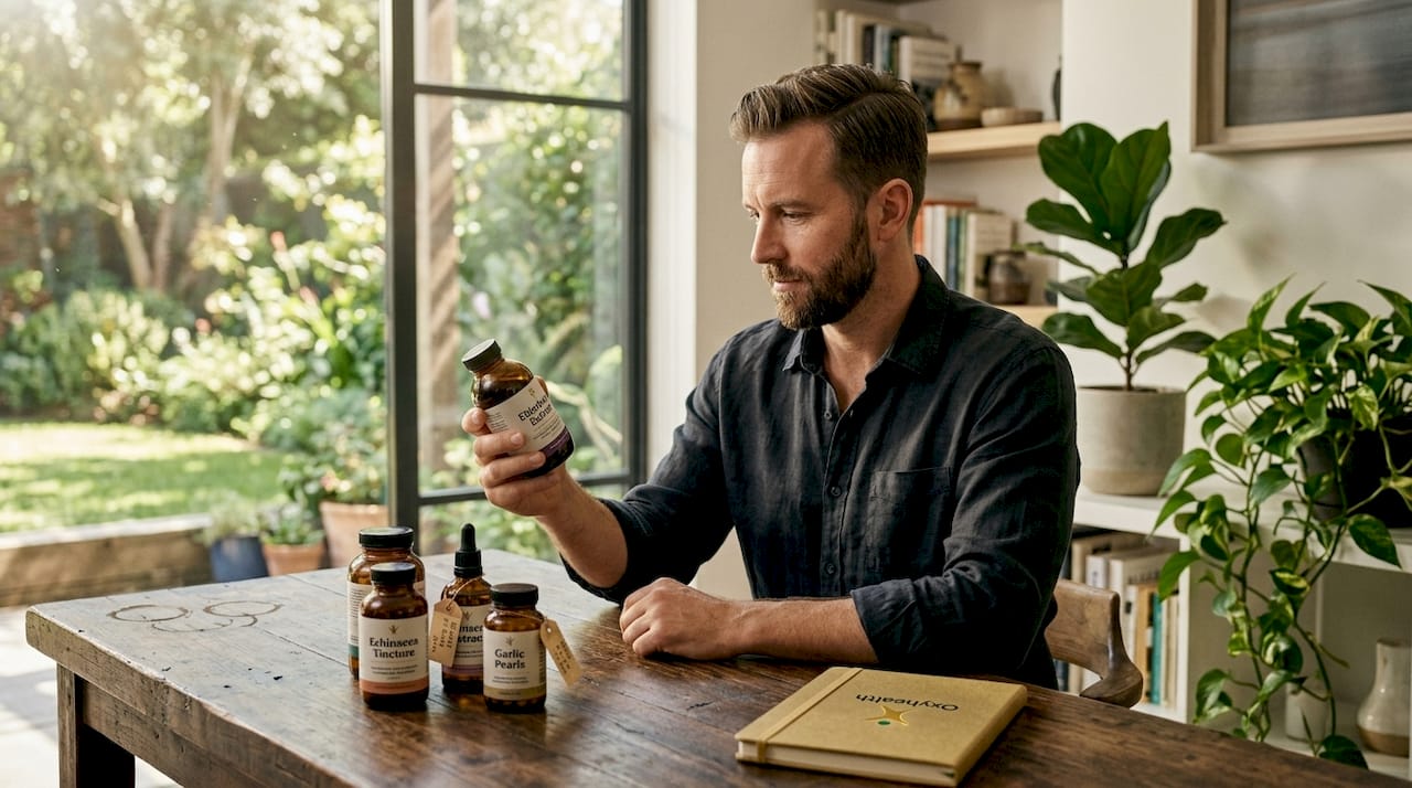 Man examining elderberry supplement at desk