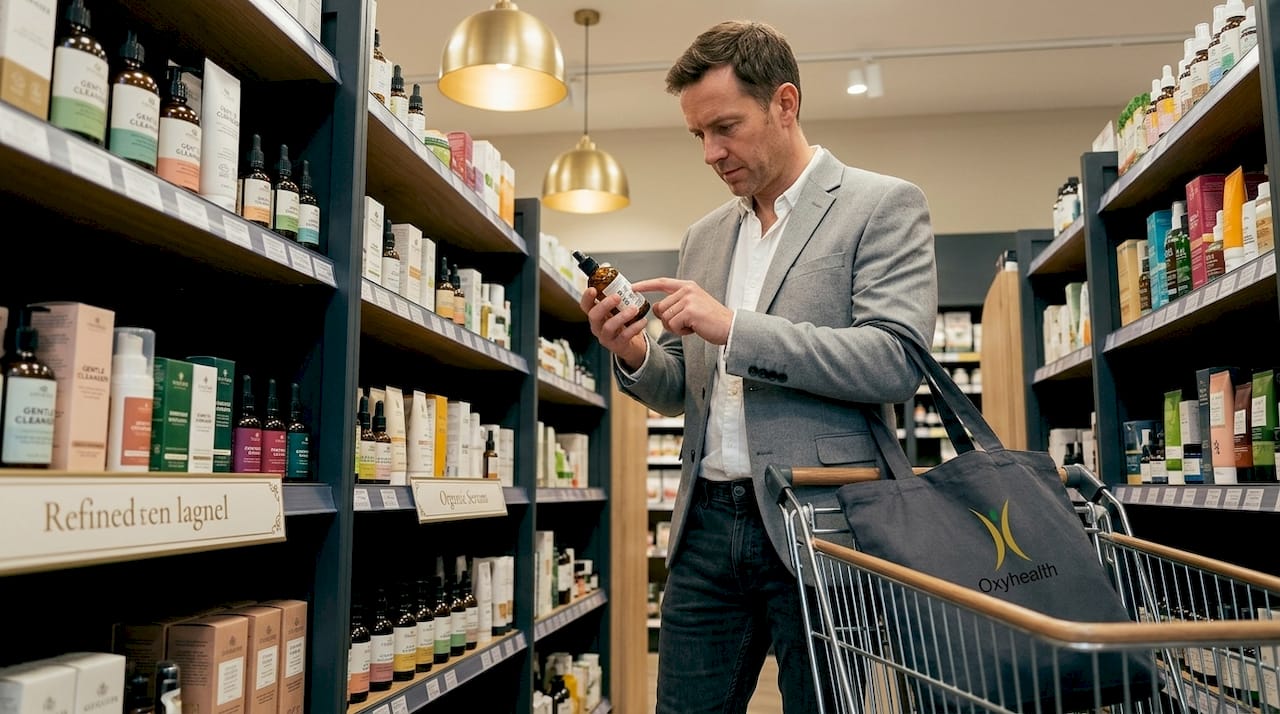 Shopper checking skincare labels for certification