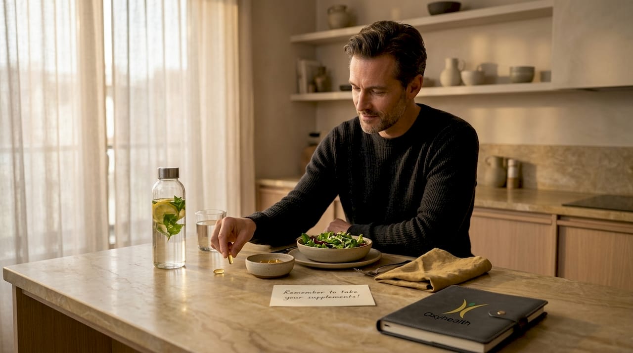 Man taking vitamin with balanced meal