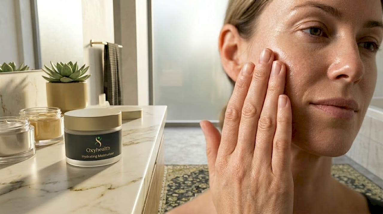 Hand applying moisturizer in home bedroom