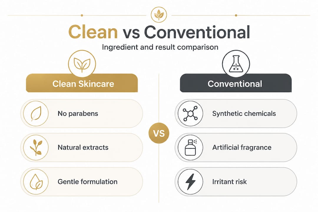 Infographic comparing clean skincare vs conventional