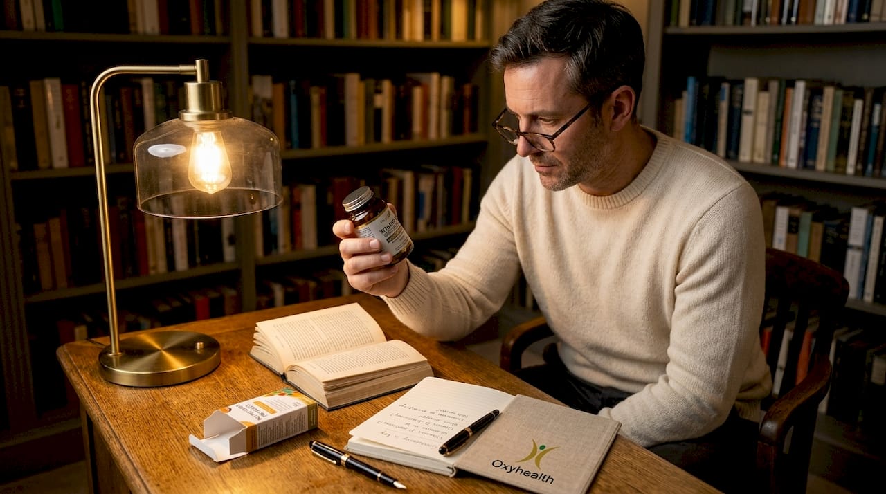 Man reading supplement bottle label at home desk