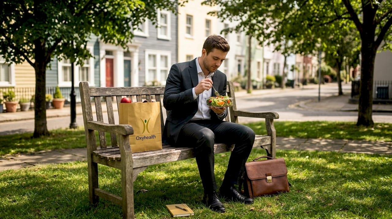 Man eating homemade lunch in city park