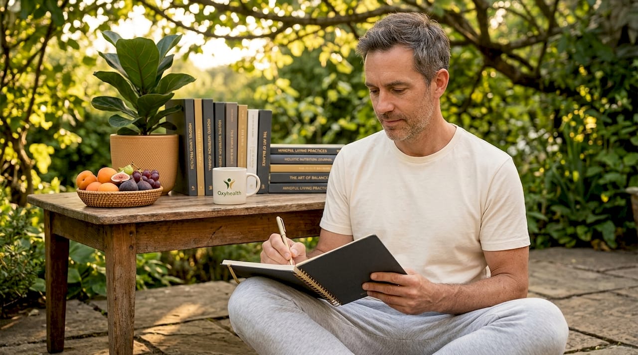 Man journaling about weight habits at home