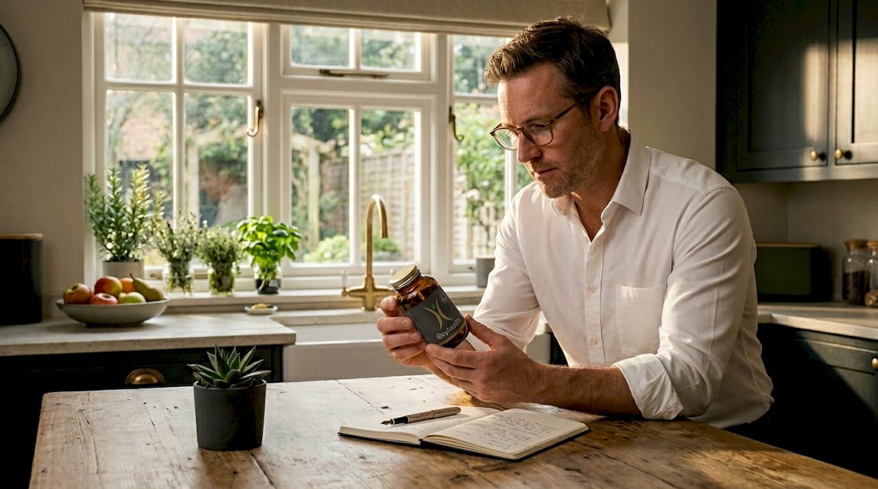 Man examining supplement certification seal