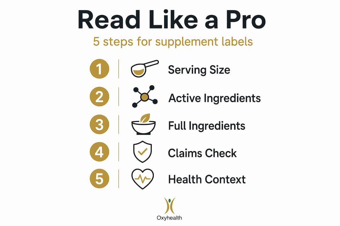 Infographic showing steps to read supplement labels