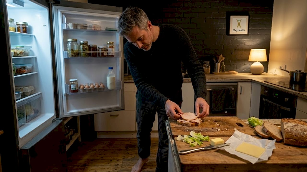Man making sandwich in dimly lit kitchen at night