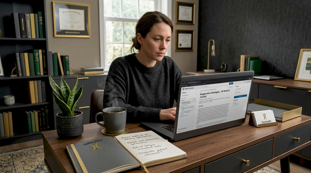 Woman researching fatigue at kitchen table