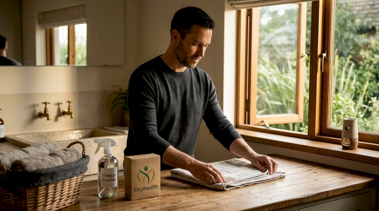 Man cleaning laundry room with natural cleaners