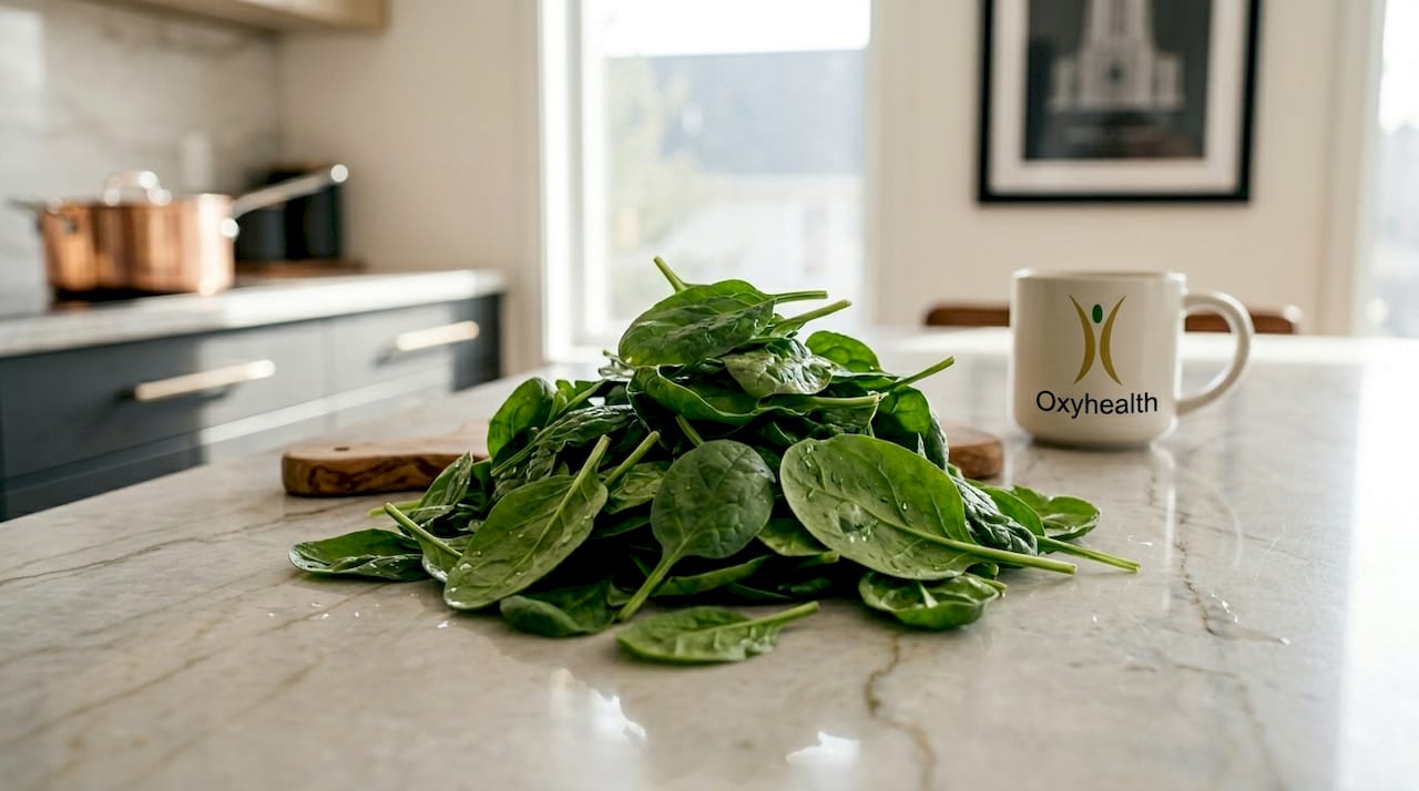 Fresh spinach leaves with natural kitchen background