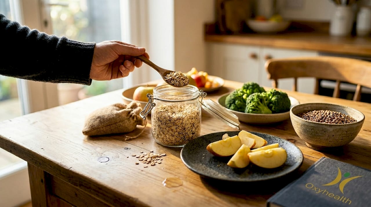 Close-up of fiber rich healthy foods on countertop