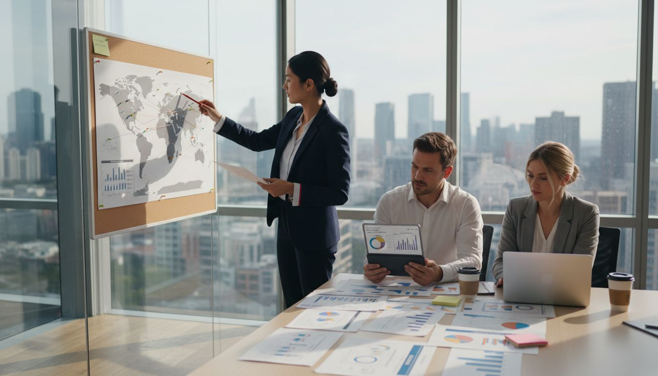 Team reviewing global market research findings