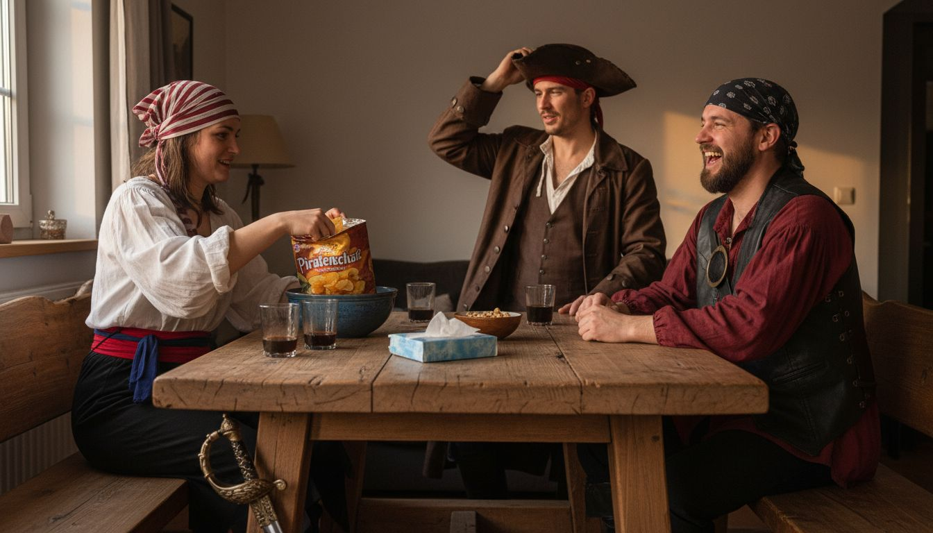 Mehrere Leute haben sich als Piraten verkleidet und feiern gemeinsam im Wohnzimmer.