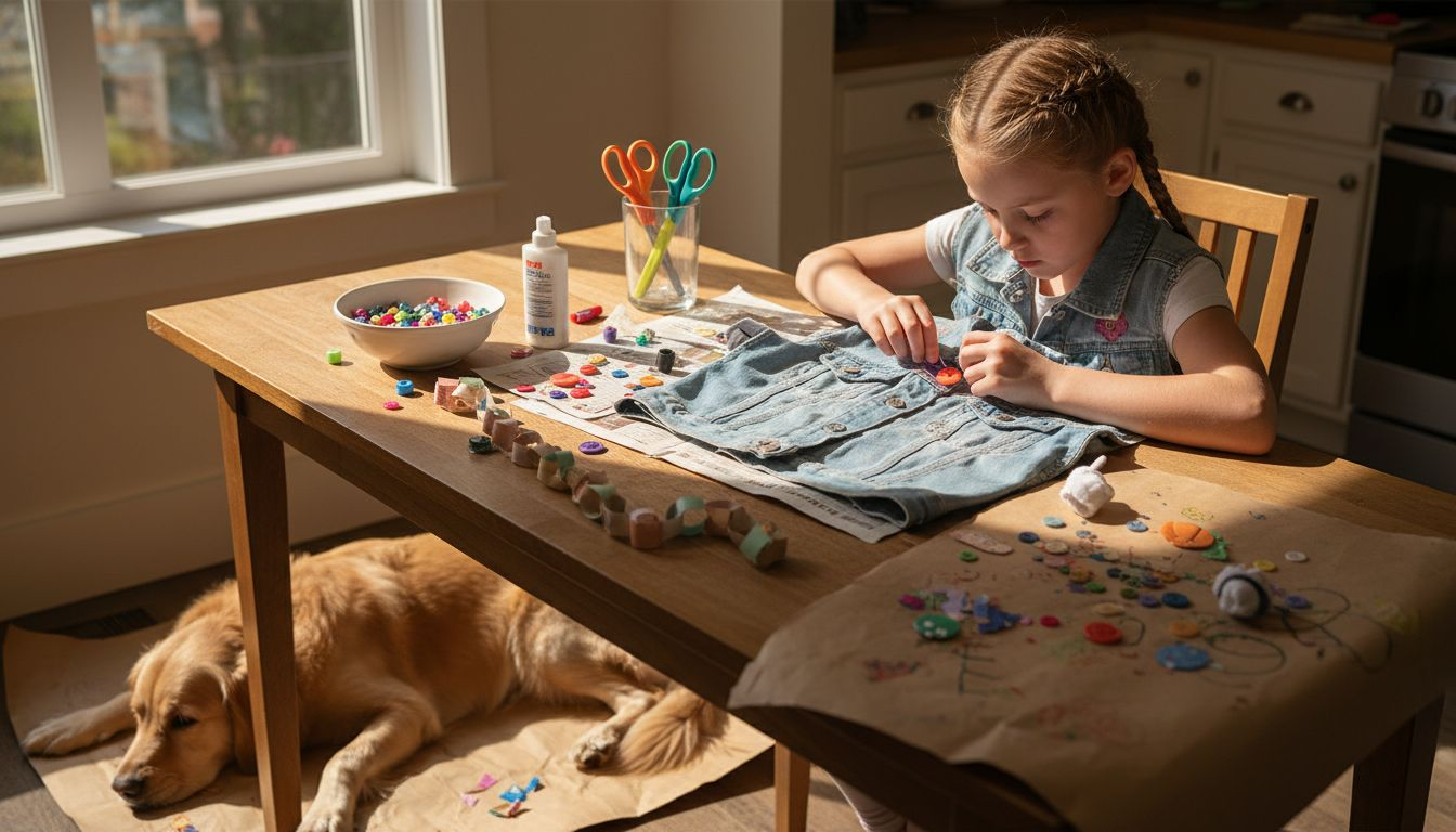 Ein Kind sitzt am Tisch und verziert mit viel Begeisterung sein selbst gebasteltes Karnevalskostüm.