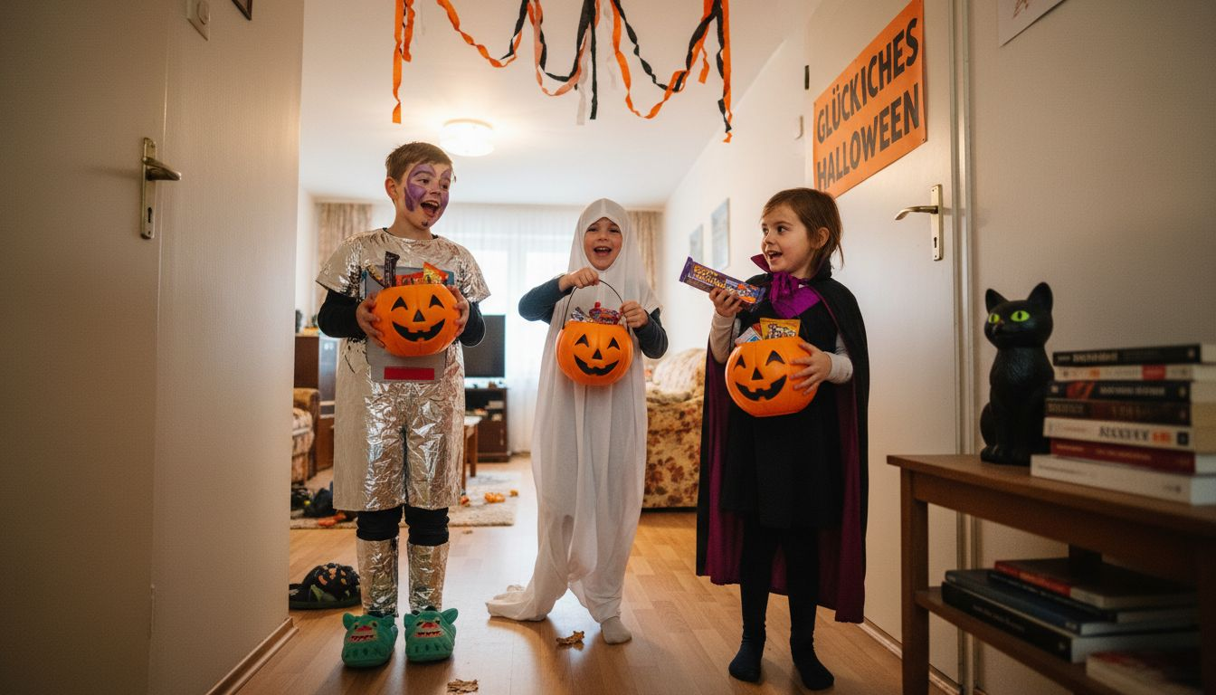 Verkleidete Kinder sitzen zusammen und vergleichen ihre gesammelten Süßigkeiten nach dem Halloween-Umzug.