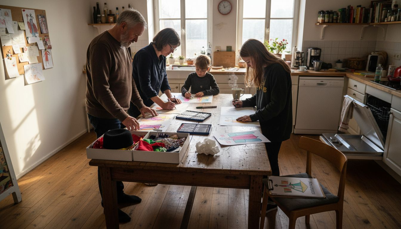 Das Team tüftelt am Küchentisch an neuen Kostümideen.