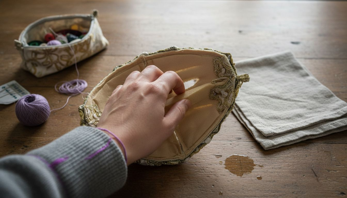 Mit der Hand wird das Maskenmaterial sorgfältig am Tisch überprüft.