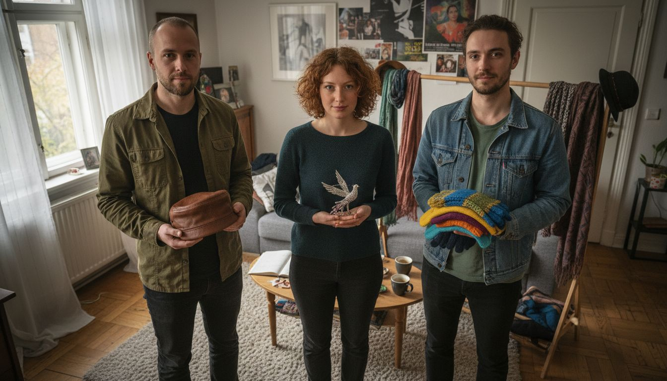 Die Gruppe sucht gemeinsam passende Accessoires für ihre Kostüme aus.