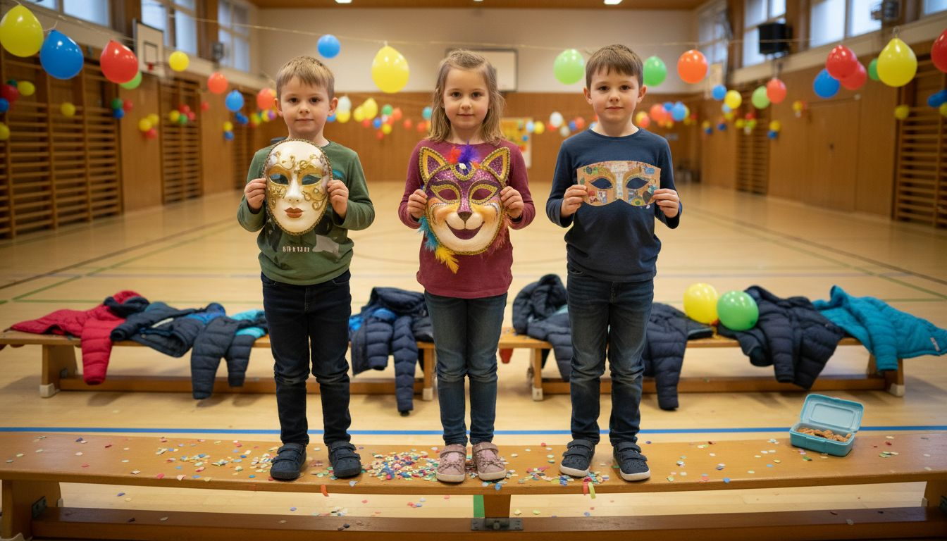Die Kinder zeigen ihre bunten und fantasievollen Faschingsmasken.