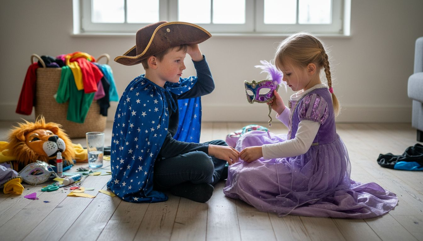 Kinder schlüpfen in verschiedene Karnevalskostüme und probieren aus, was ihnen am besten gefällt.