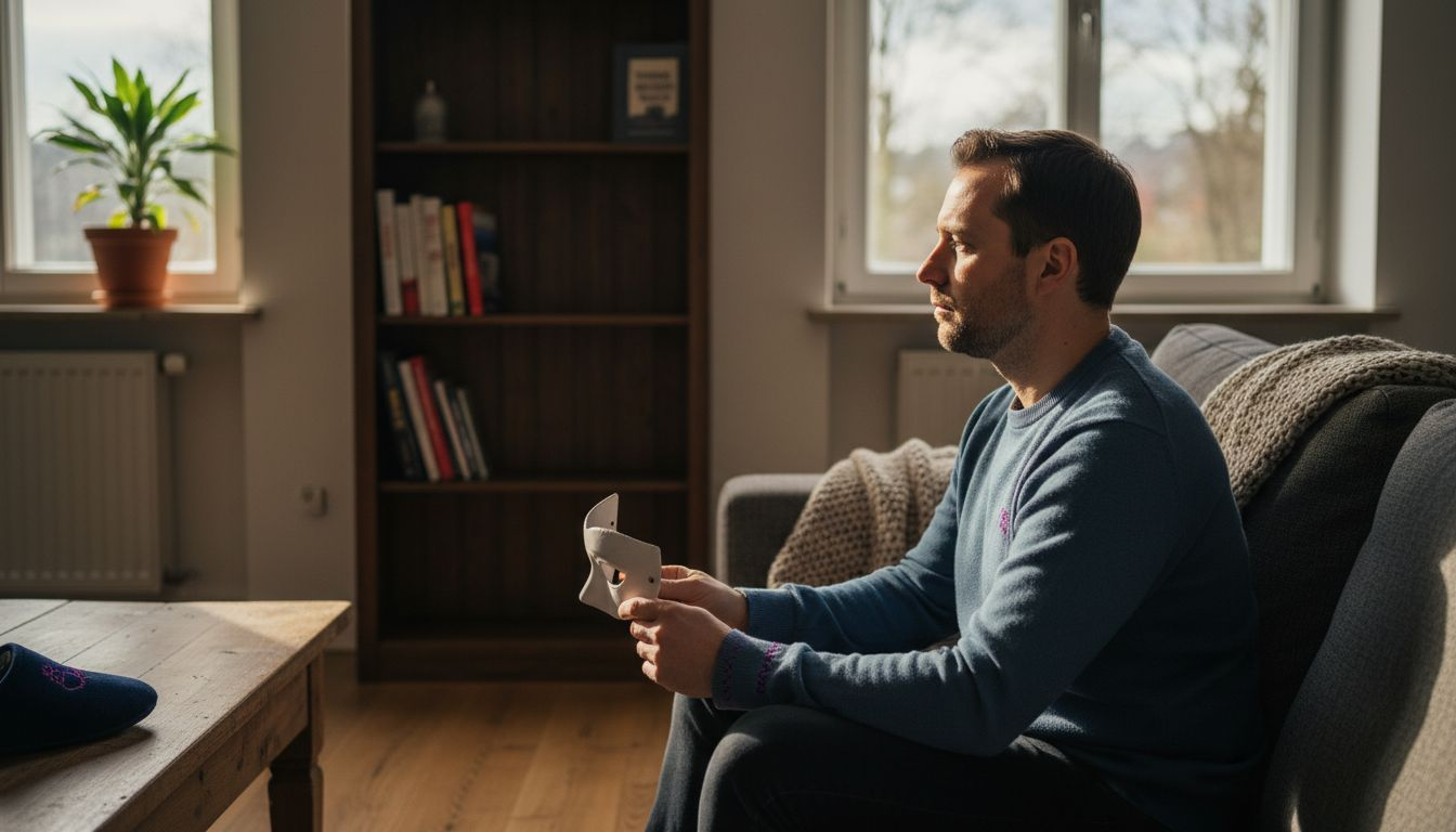 Ein Mann sitzt im Wohnzimmer und betrachtet nachdenklich eine Maske.