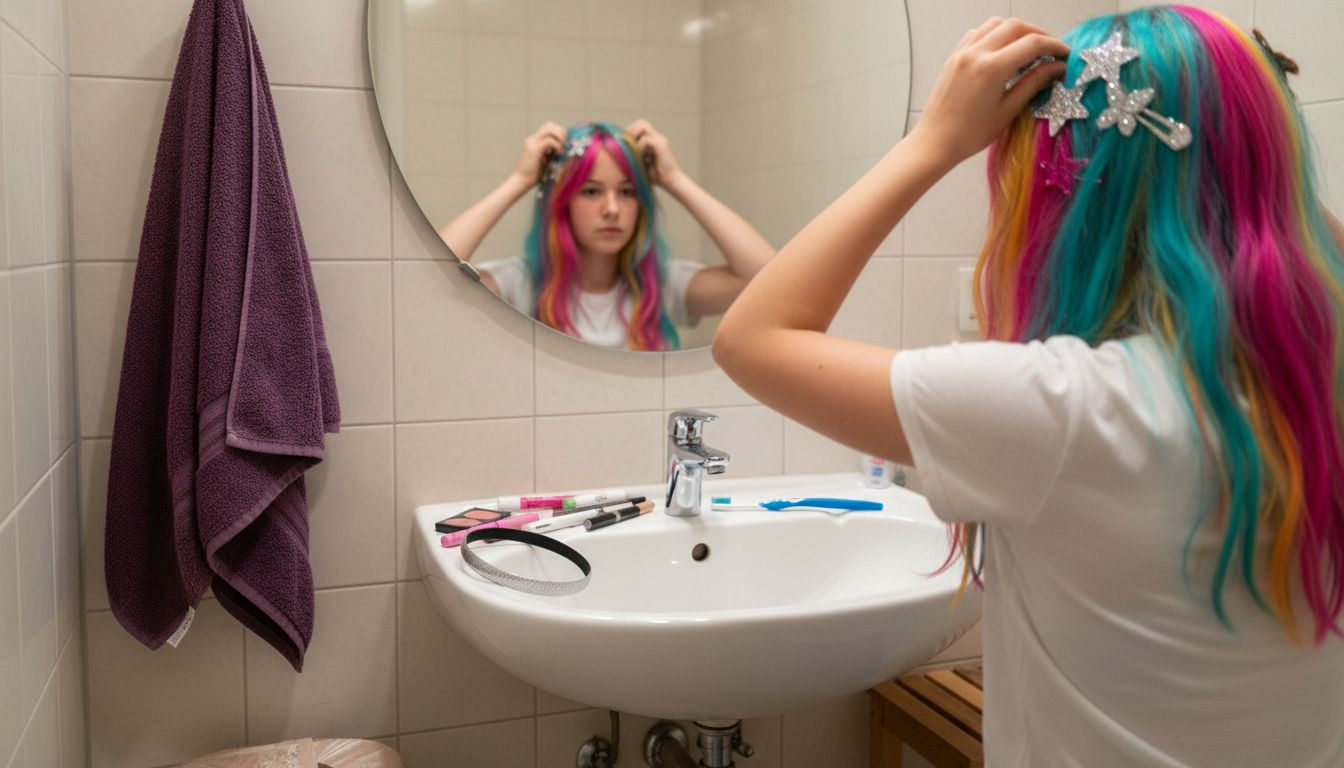 Ein Jugendlicher setzt sich eine Perücke auf und schmückt sein Haar.