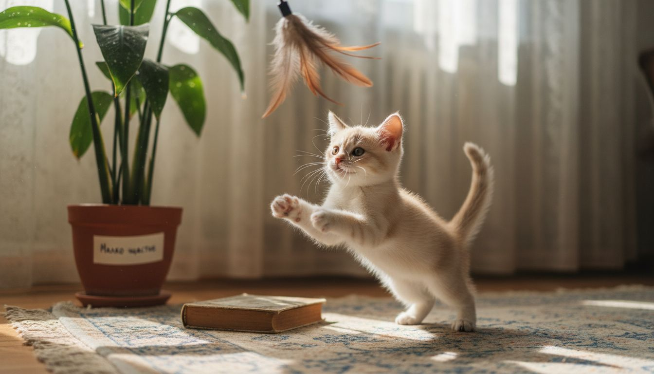 Малко коте си играе с любима играчка в хола.