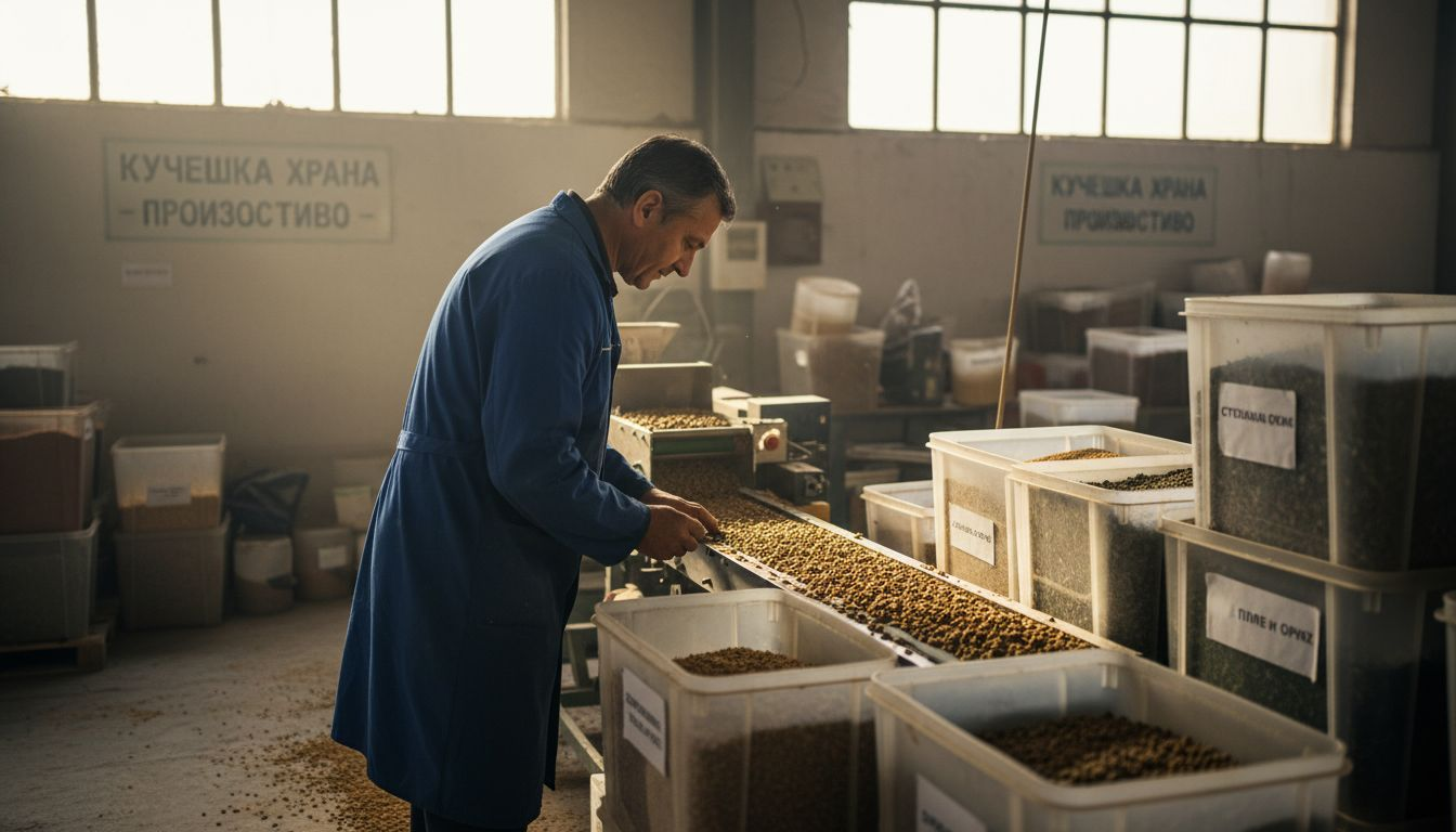 Служител инспектира качеството на сушените храни в производствената база.