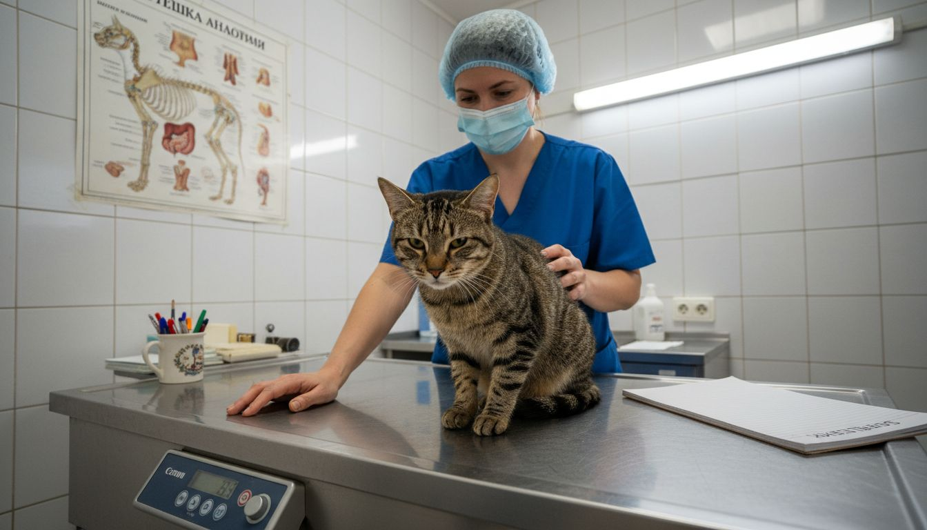 Ветеринар преглежда котка и я претегля на масата в клиниката.
