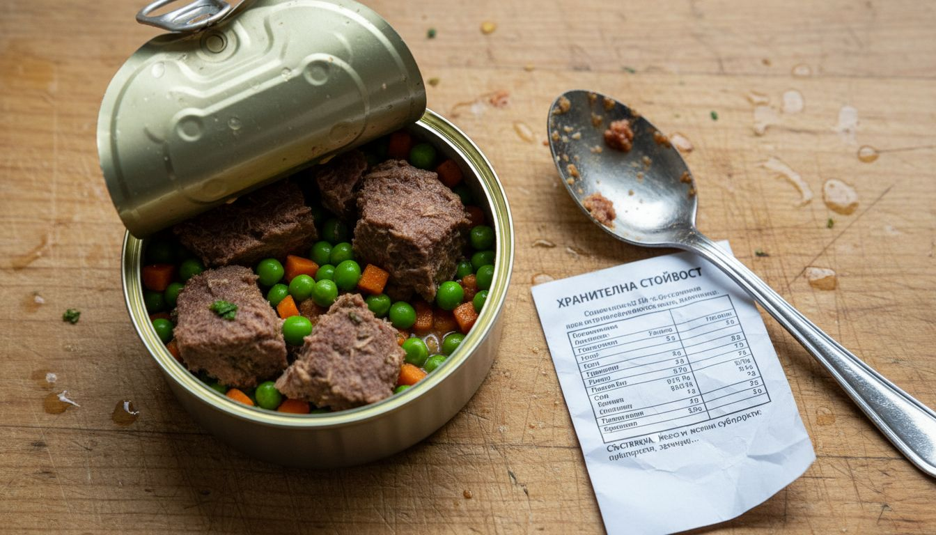 Отворена кутия с храна за котки и информация за съдържанието