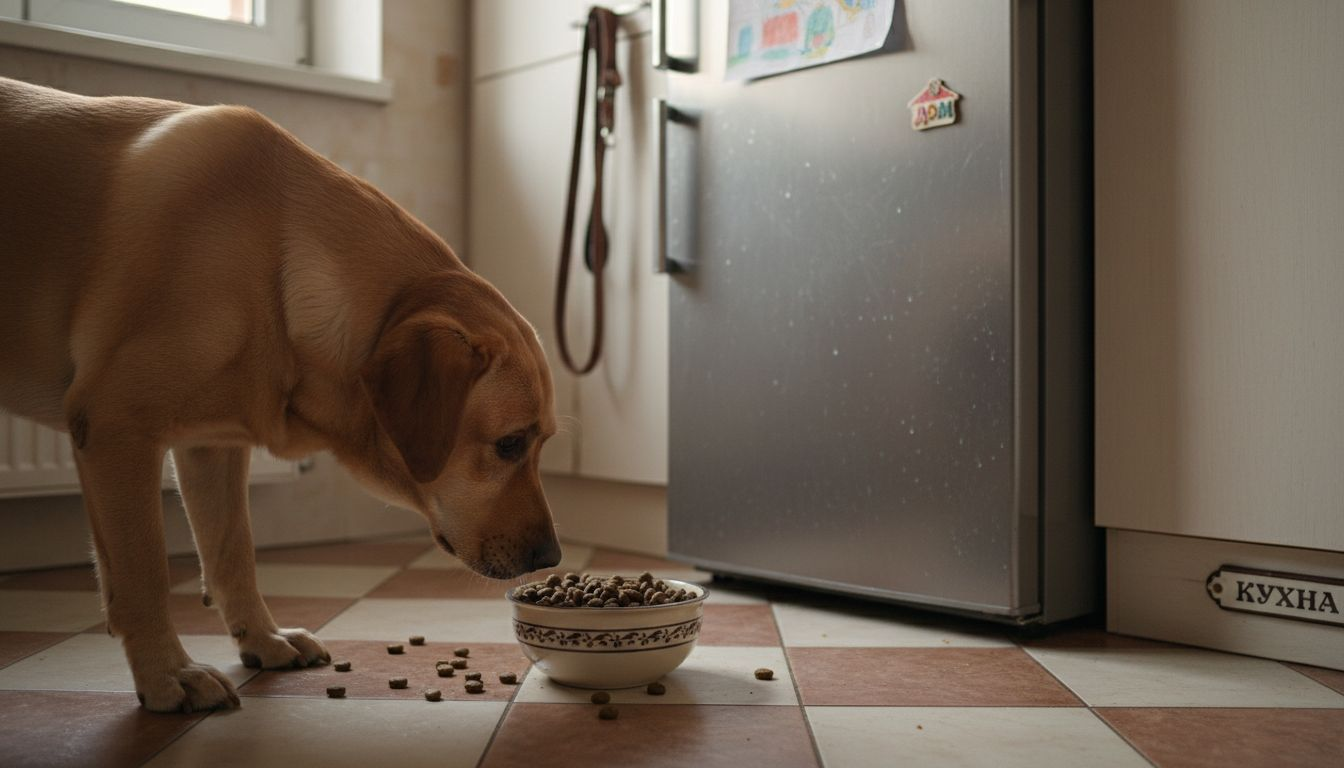Лабрадорът с интерес разглежда купичката си с пълноценна храна.