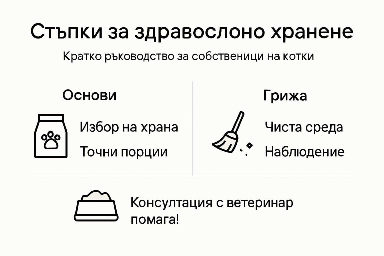 Визуално ръководство с най-важните стъпки за правилно хранене на котки