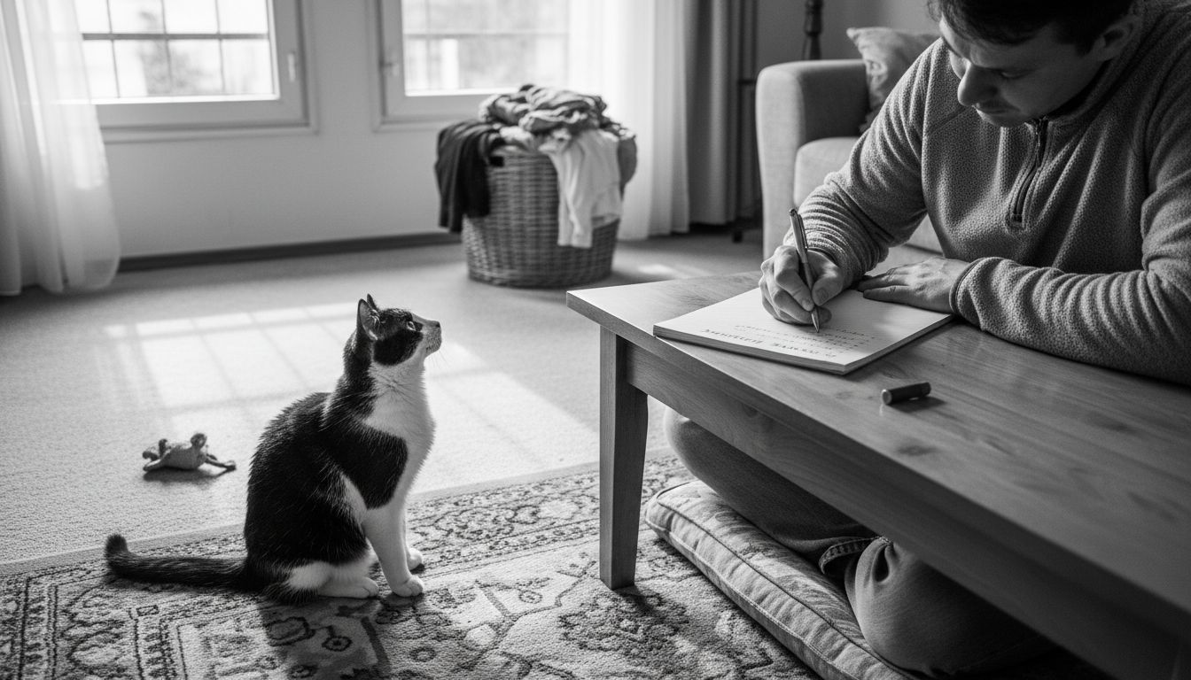 Стопанинът наблюдава котката си, след като й е сменил храната, за да види как ще реагира.