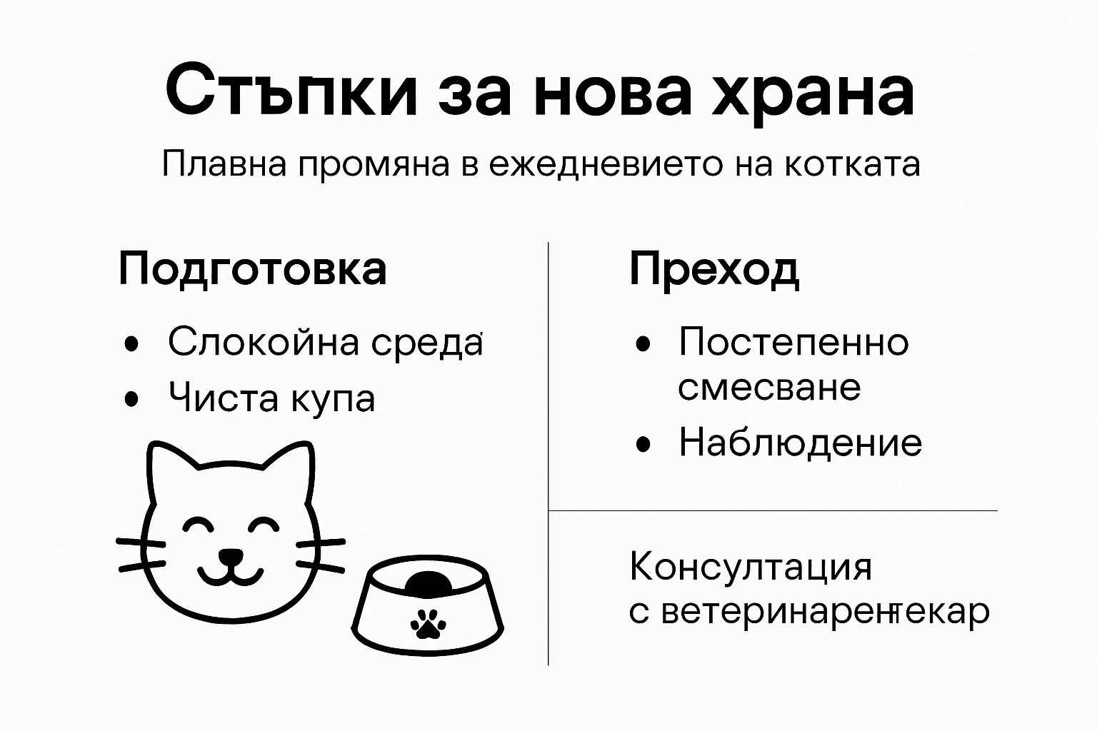 Стъпки за плавно въвеждане на нова храна за котки – инфографика