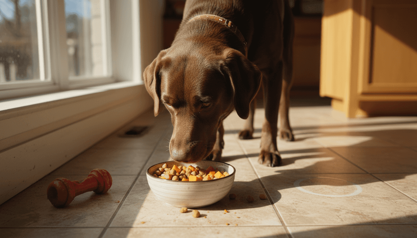 Лабрадор с любопитство оглежда съставките на беззърнената храна