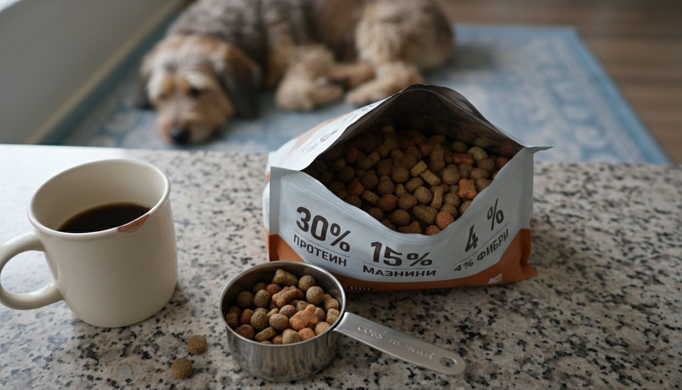 Торба с храна за кучета, купичка с гранули и сладко дремещо куче