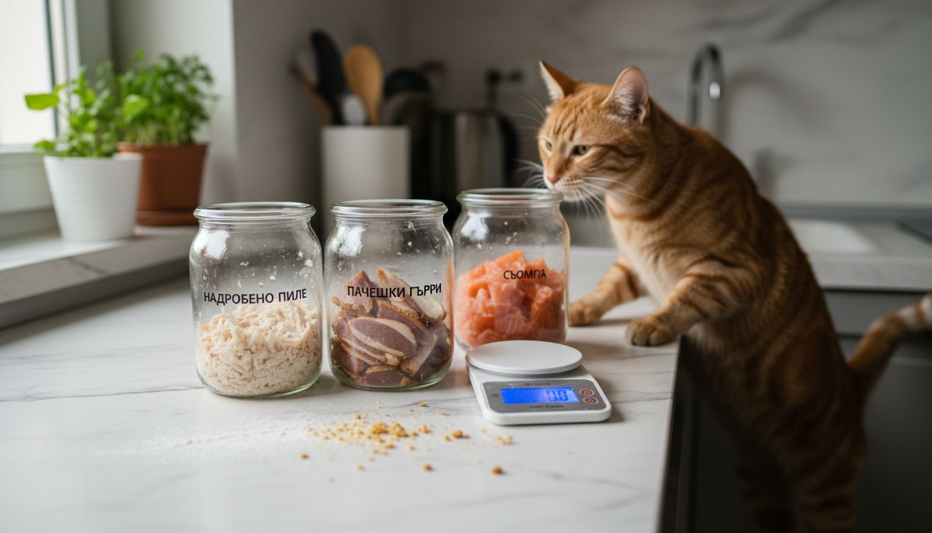 Свежи и натурални съставки за котешка храна с високо съдържание на протеин, подредени на кухненския плот