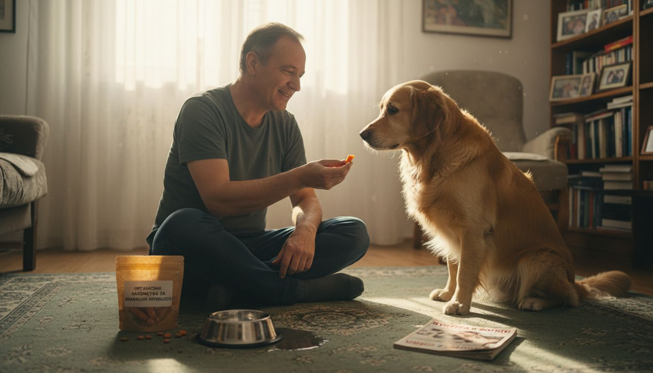 Мъж дава на кучето си здравословно лакомство у дома.