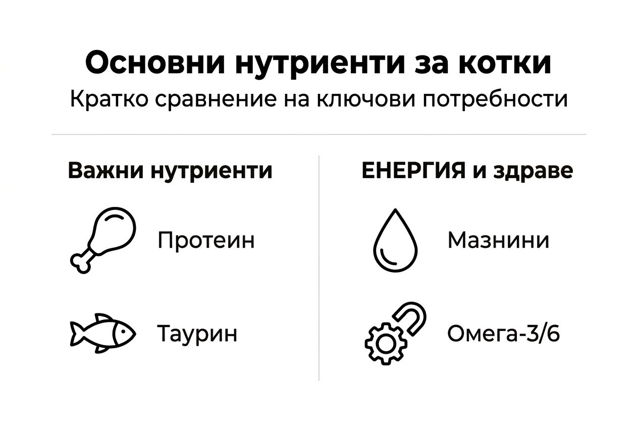 Визуално ръководство за най-важните хранителни вещества в менюто на котките