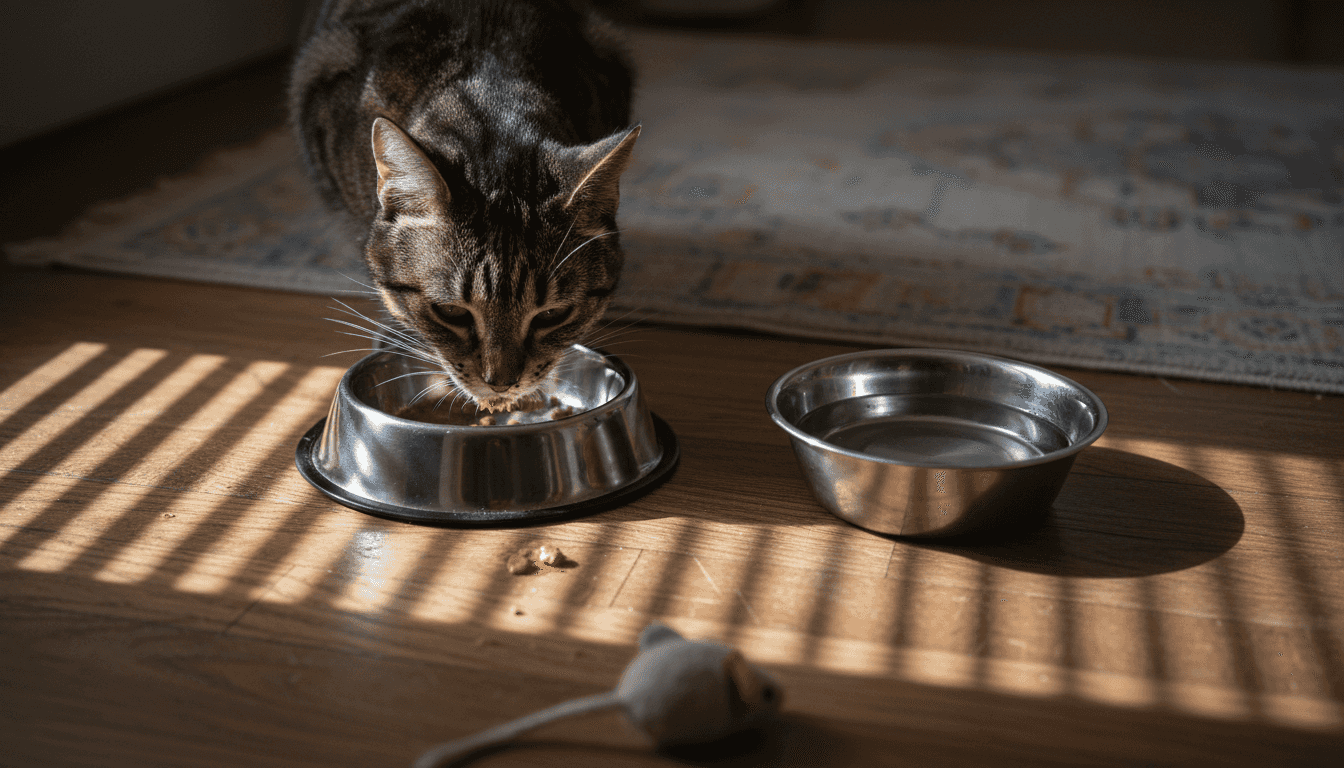 Котката лакомо похапва мокра храна от купичката си.
