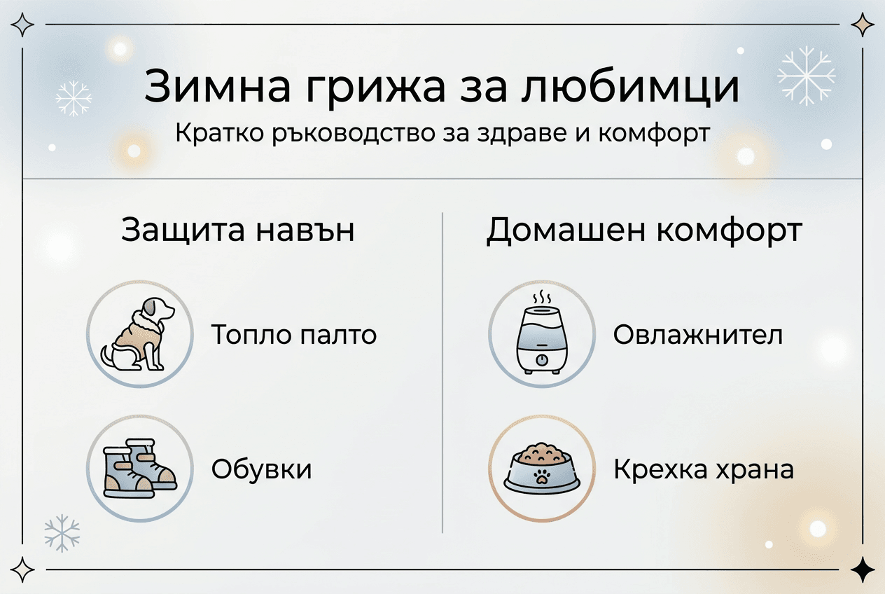 Инфографика с полезни съвети за грижата за домашните любимци през зимните месеци