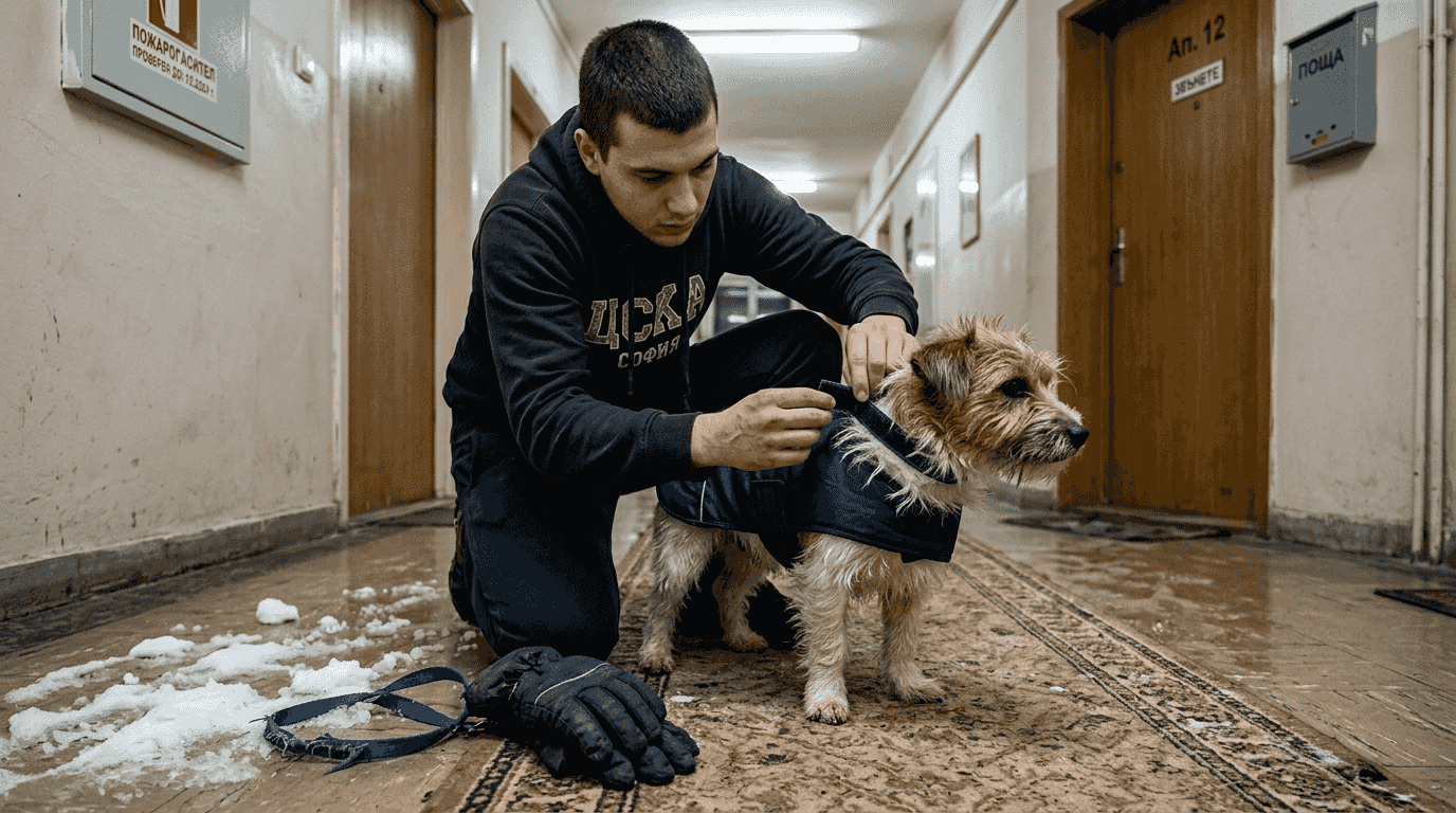 Човек слага топло палтенце на кучето си вкъщи, за да не му е студено.