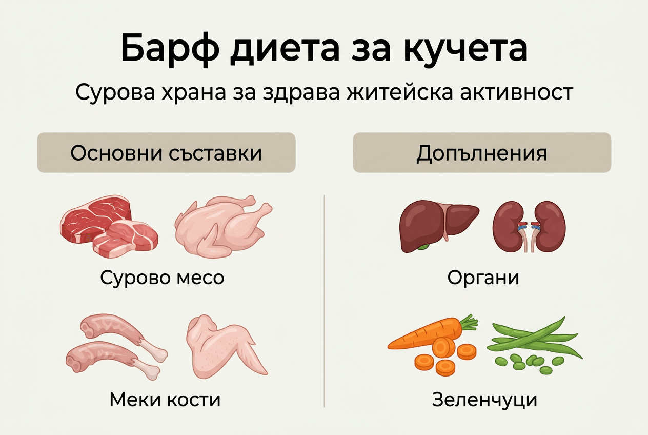 Инфографика: Какво включва барф менюто – основни съставки и компоненти