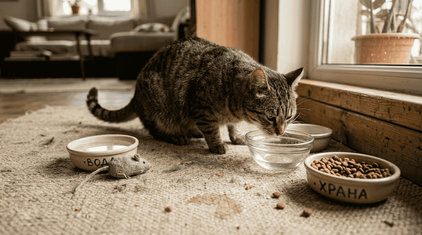 Котката оглежда купичката си за храна в уютната всекидневна.