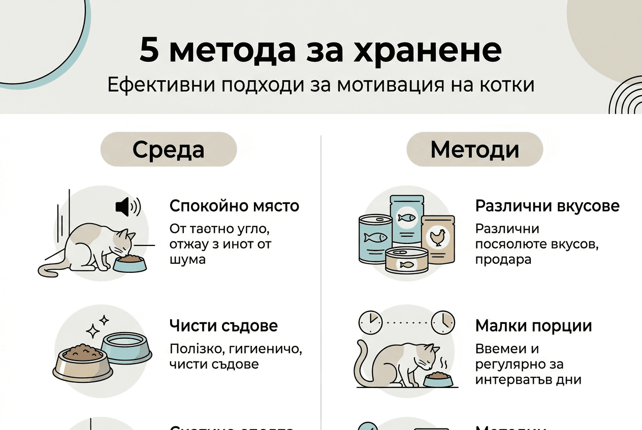 Инфографика с изпитани похвати за мотивиране на котката да се храни