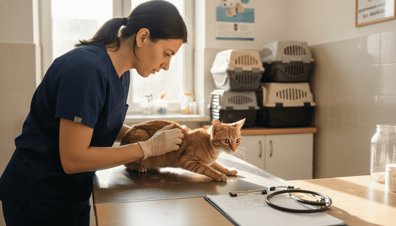Ветеринарен лекар преглежда слаба котка в кабинета си.
