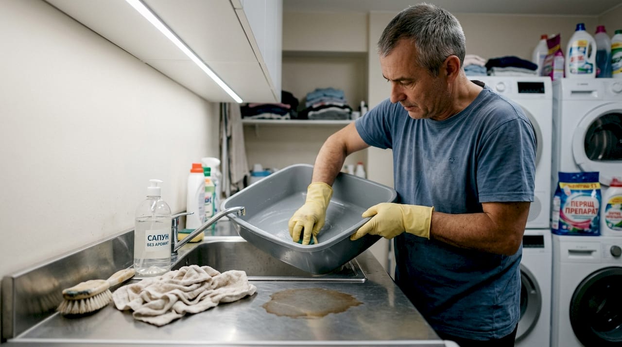 Мъж почиства котешката тоалетна в пералното помещение.