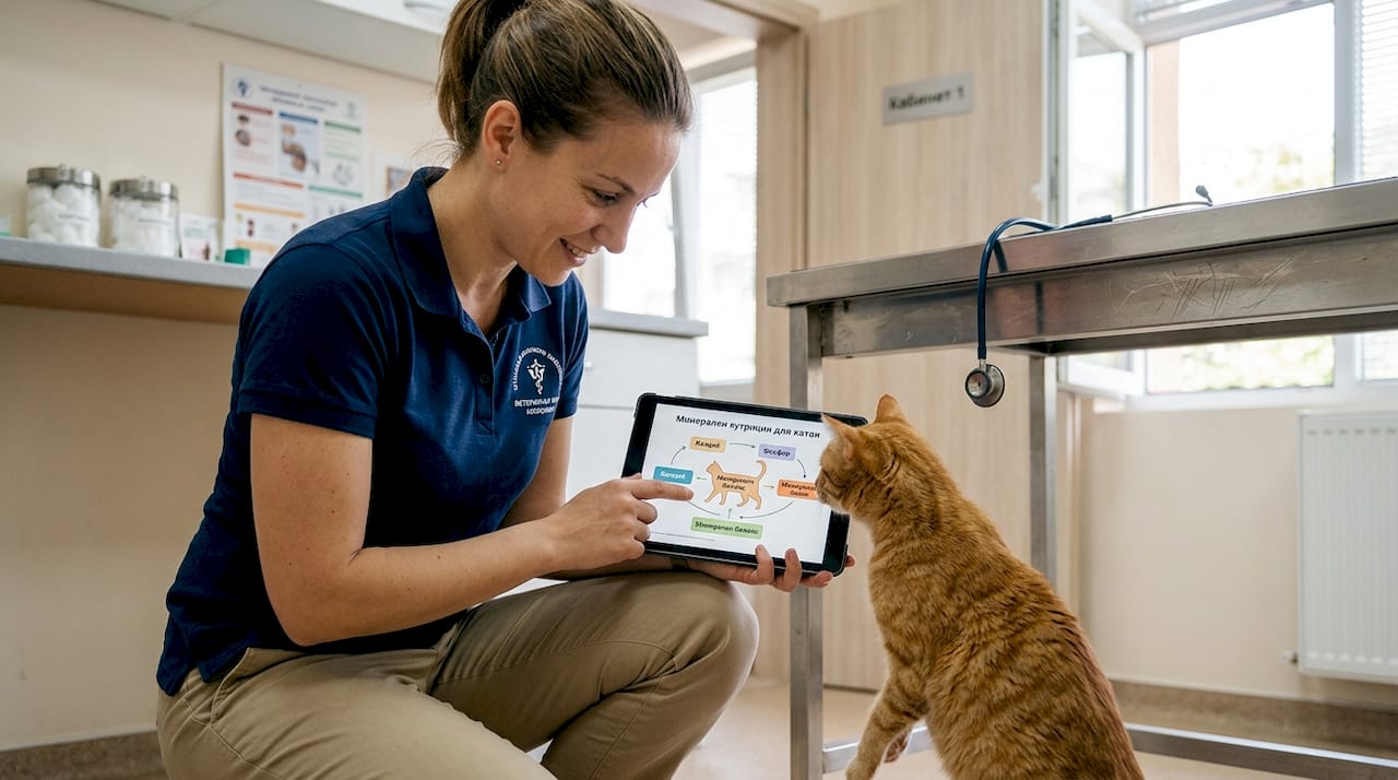 Ветеринарят показва схема на хранене на котката, която слуша с интерес.