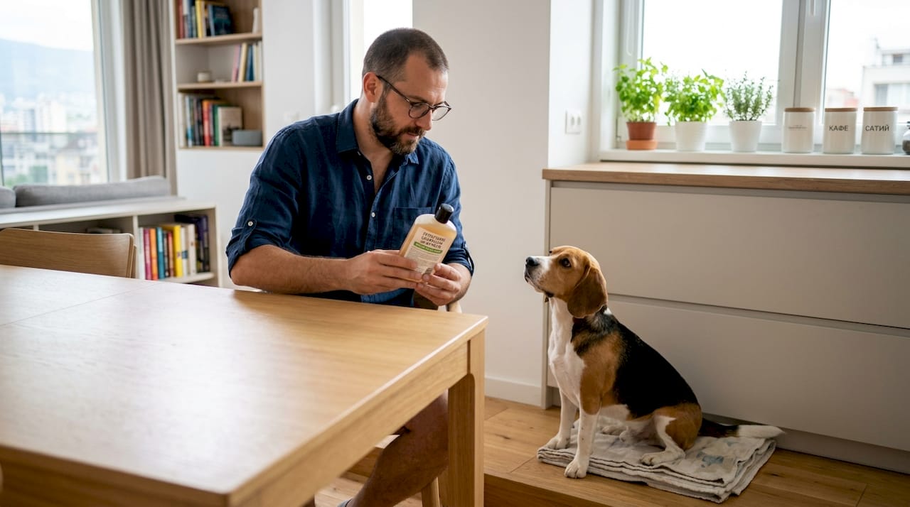 Стопанинът внимателно прочита етикета на шампоана, преди да изкъпе кучето си.